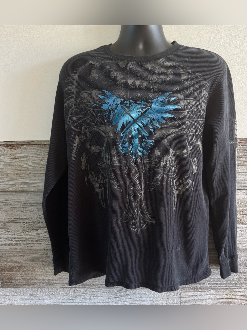 MMA Elite Skull Cross Thermal Shirt XL Black Waffle Knit Y2K Goth Biker (M1)